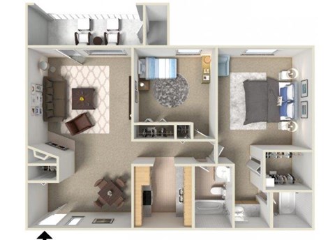 Floor plan for 2 beds, 2 baths, 1040 sqft